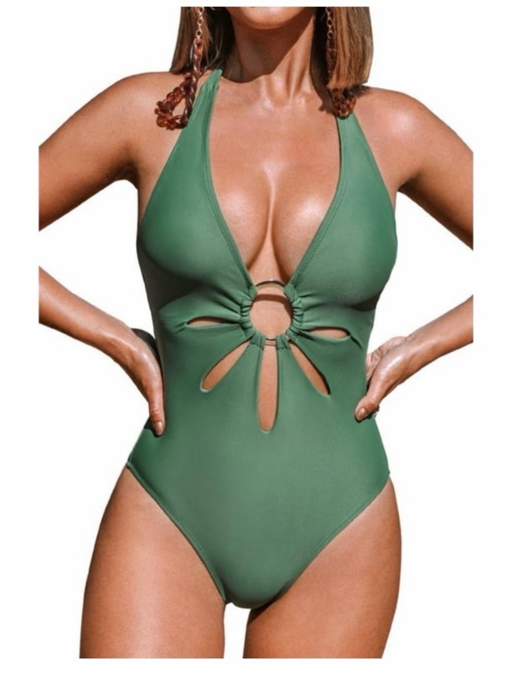NWT Women’s CUPSHE Olive Green Halter One-Piece Swimsuit with Front Ring Detail
